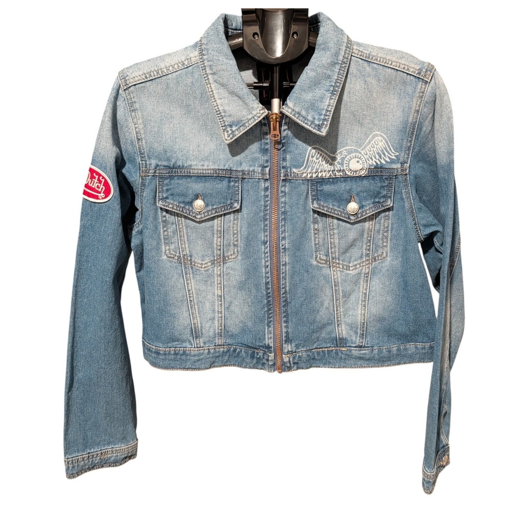 Von Dutch Y2K Cropped Denim Jacket XL Logo Back Full Zip Streetwear Rocker NWT